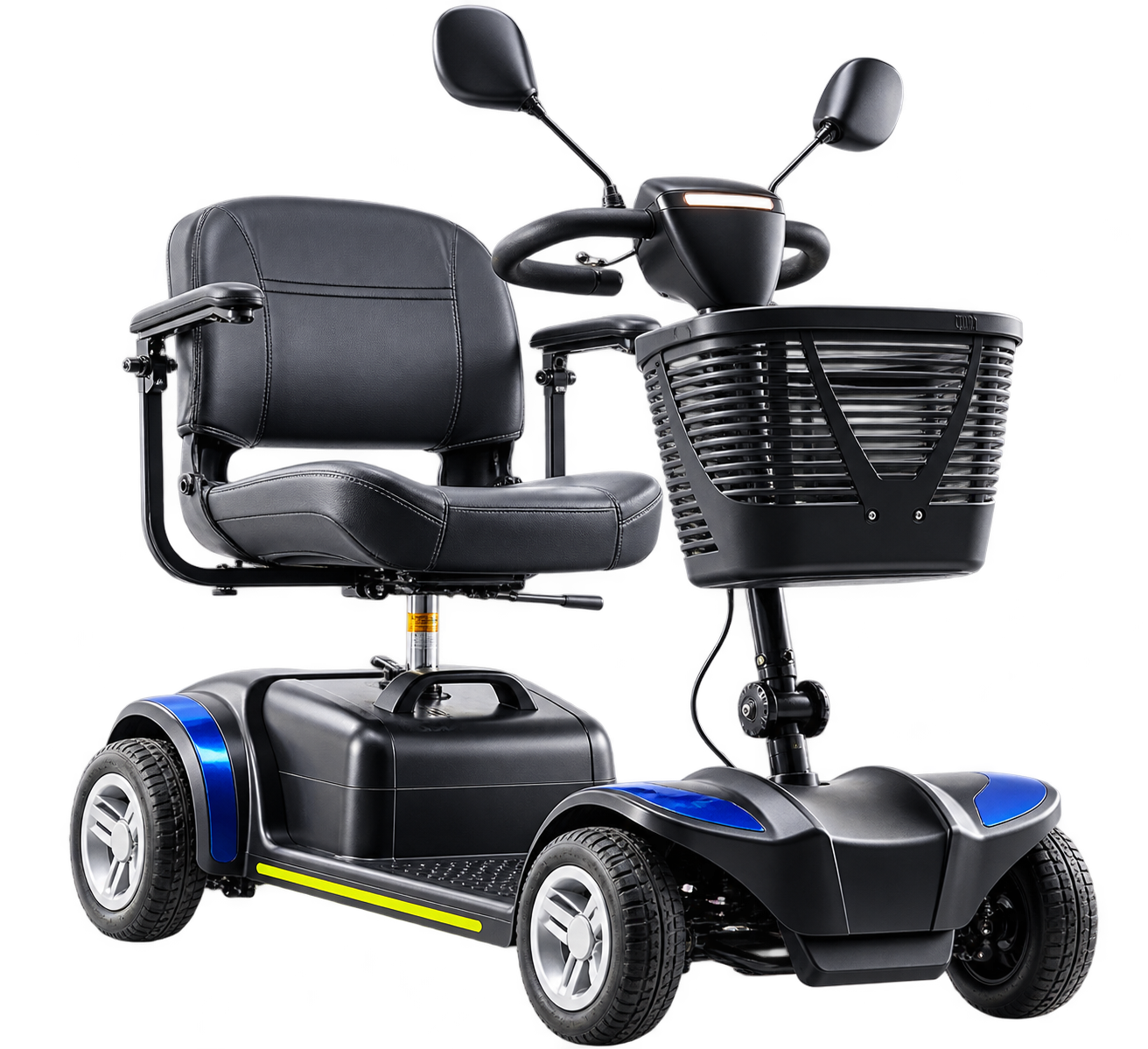 Scooter motorizada real de quatro rodas, com assento preto, retrovisores e cesta frontal